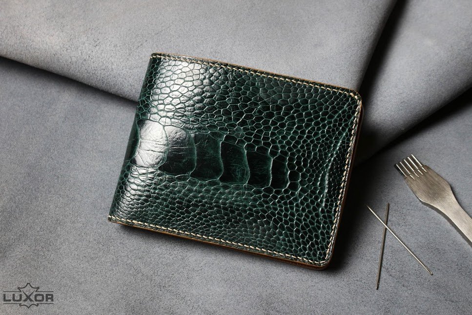 Green Ostrich Leather Wallet for Men Handmade Mens Bifold 